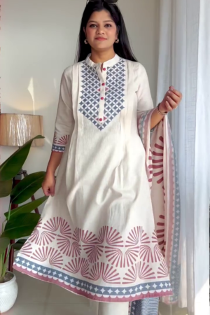 Block Print with Addawork Mandarin Collar Pure Cotton Kurta With Trousers And Dupatta